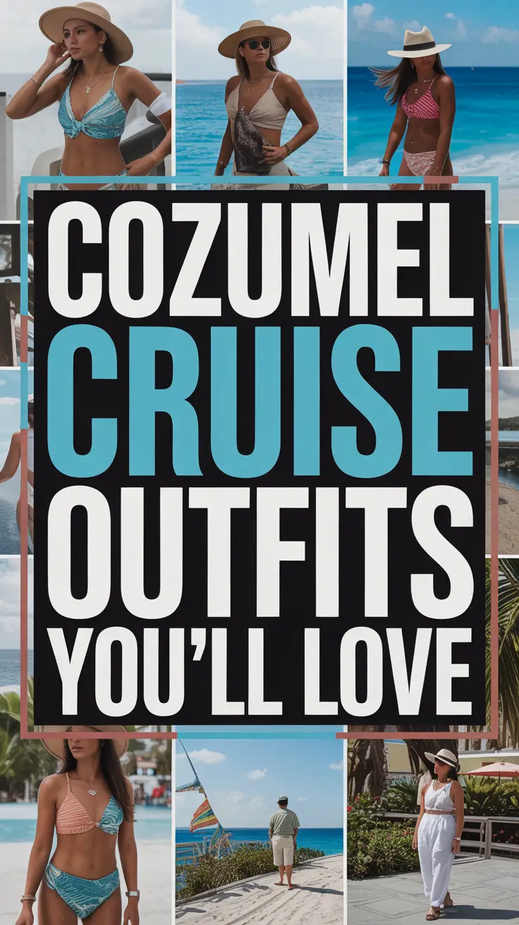 Cozumel cruise outfit inspiration with bold white text overlay on a dark box, surrounded by a vibrant collage of realistic fashion images.