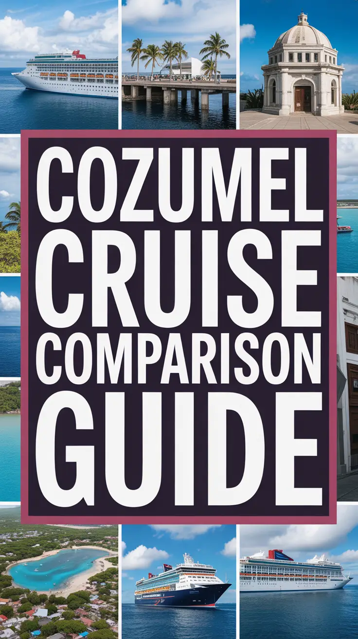Bold white text reading "Cozumel Cruise Port Comparison Guide" over a dark box, surrounded by a vibrant collage of realistic travel images.
