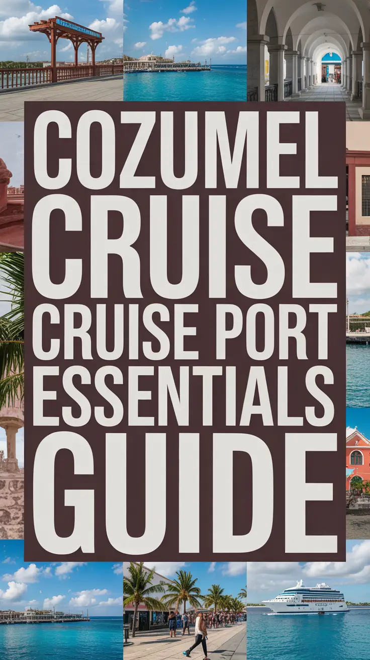 Bold white text reading "Cozumel Cruise Port Essentials Guide" in a dark box, surrounded by a vibrant collage of realistic images.