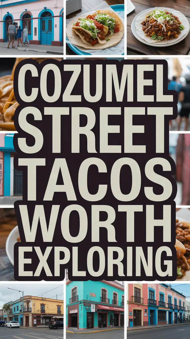 Cozumel street tacos showcased with bold white text in a dark box, surrounded by a vibrant collage of realistic food imagery.