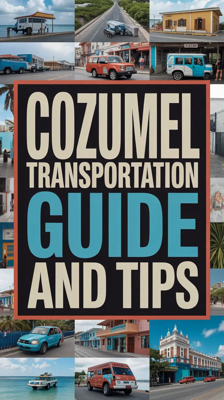 Bold white text reading "Cozumel Transportation Guide and Tips" in a dark box surrounded by a vibrant collage of realistic travel images.