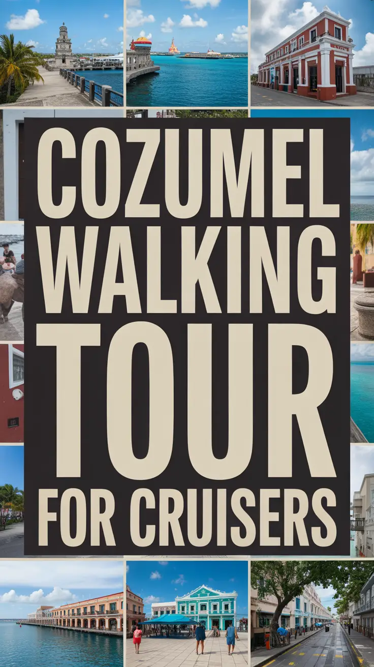 Cozumel Walking Tour for Cruisers with bold white text on a dark box, surrounded by a vibrant collage of realistic images.