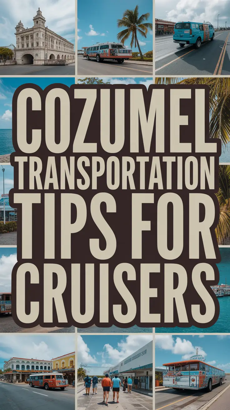 Cozumel transportation tips for cruisers displayed in bold white text on a dark box, surrounded by a vibrant collage of travel-related images.