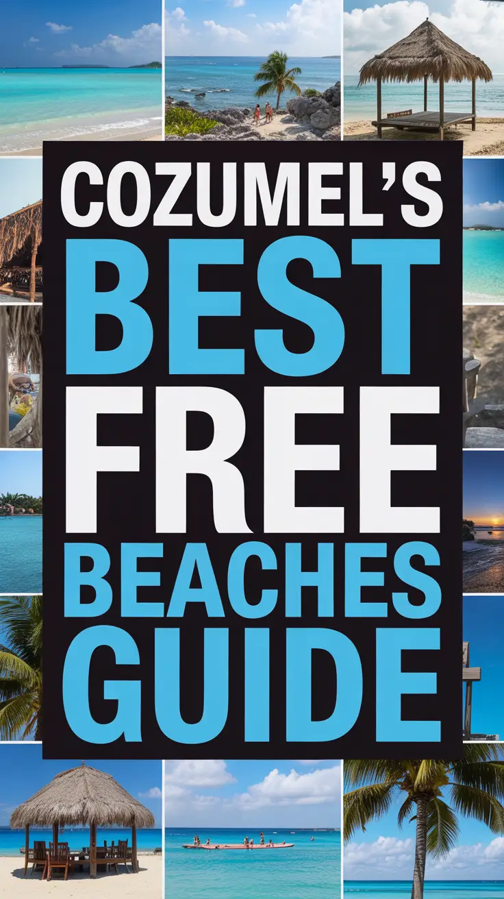 Bold white text reading "Cozumel's Best Free Beaches Guide" set in a dark box overlaid on a vibrant collage of realistic beach images.
