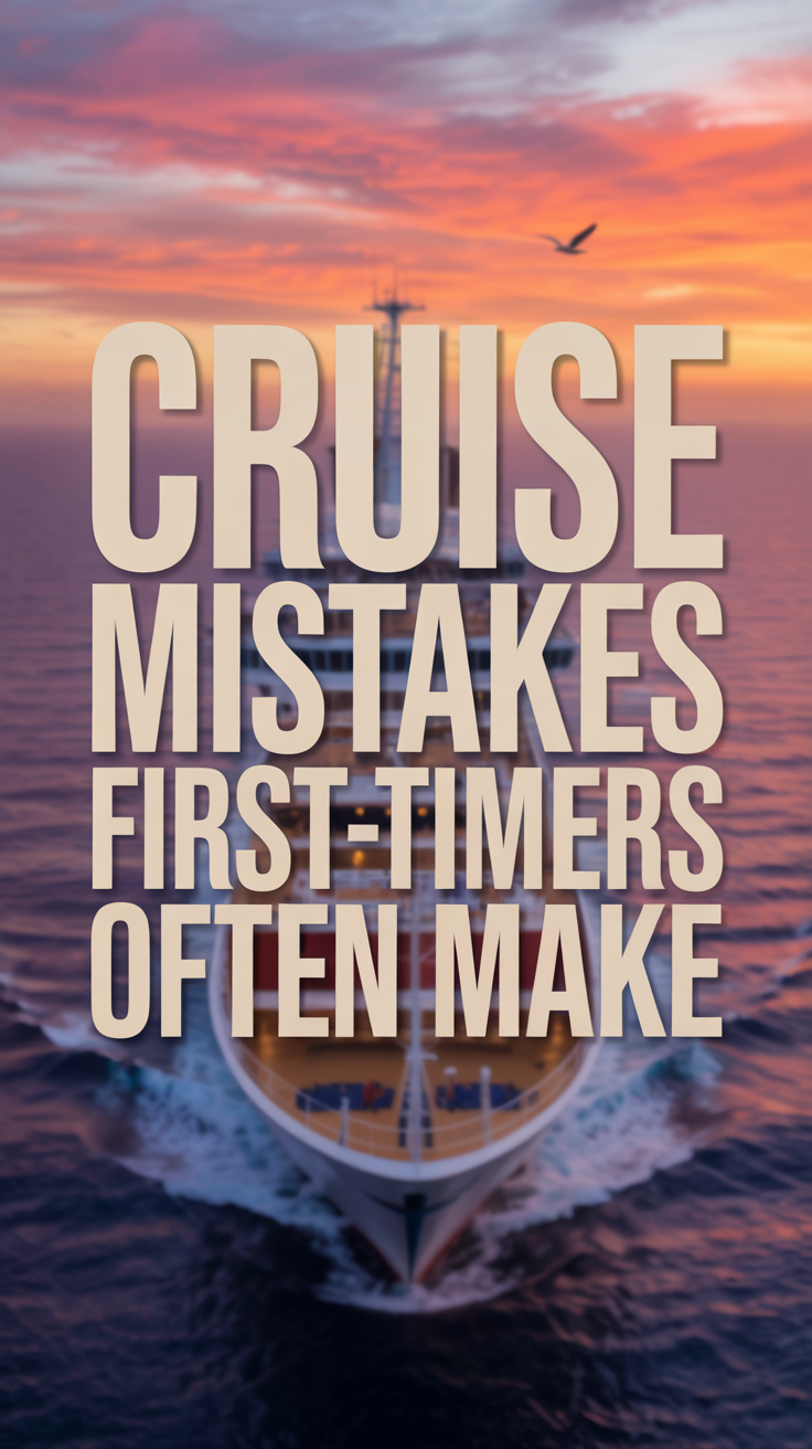 A cinematic, realistic advertisement showing a blurred cruise ship sailing into a vibrant sunset with bold text about common first-time cruise mistakes, set against a warm, dramatic ocean scene.