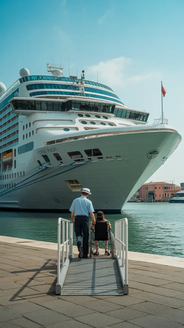 A modern cruise ship docked at the Venice port glistens under a clear sky, with a wide, smooth ramp extending from the ship to the dock. A wheelchair user is being assisted down the ramp by a cruise staff member in uniform, both framed by the calm blue water of the canal in the background.
