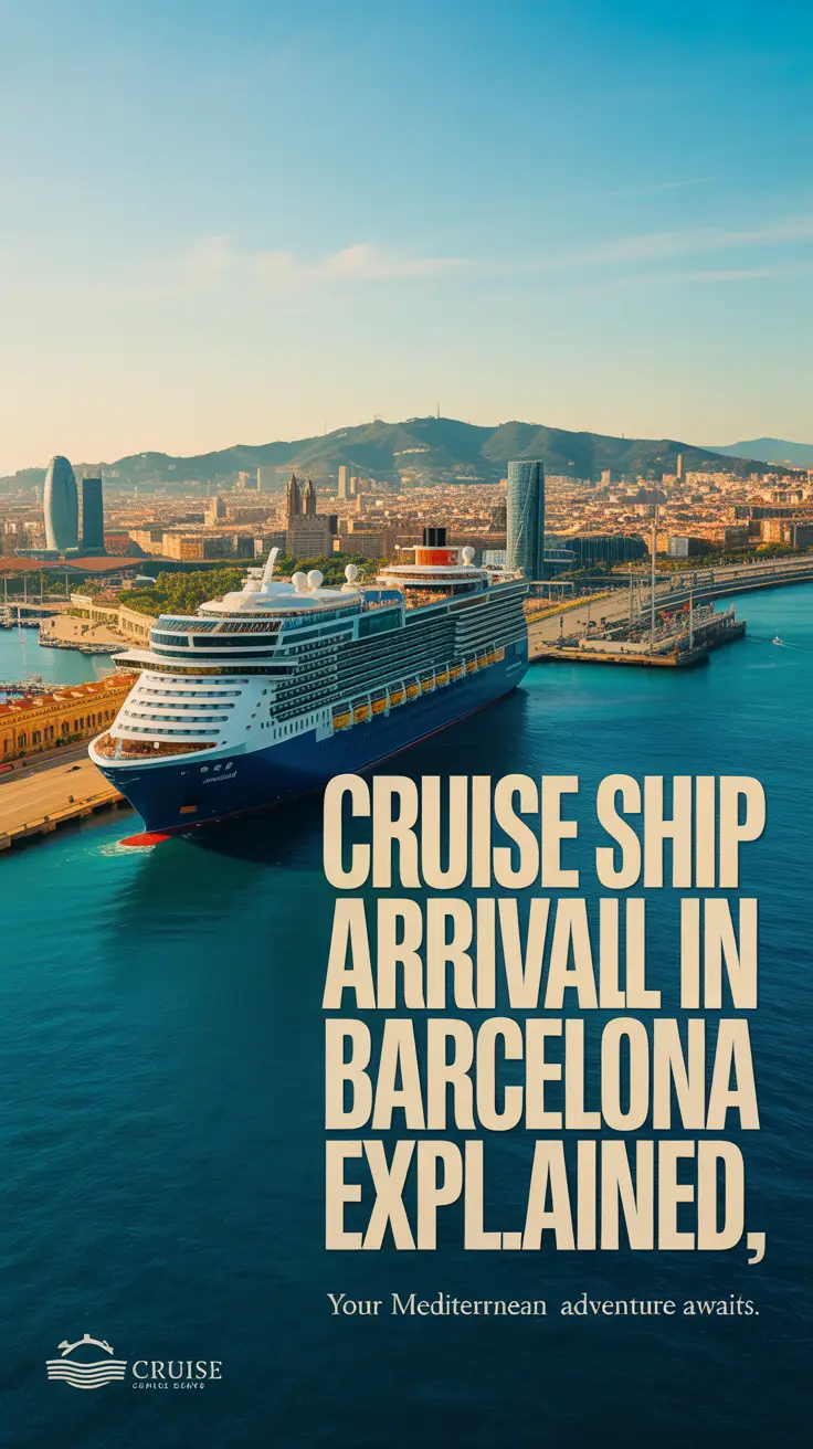 A vibrant lifestyle advertisement depicting a large cruise ship arriving at the Port of Barcelona with the colorful cityscape in the background, captured in warm late afternoon light to inspire Mediterranean travel.