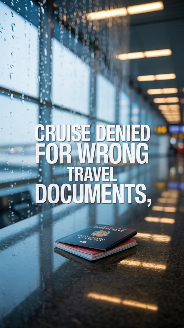A dramatic conceptual advertisement showing a blurred, rain-streaked airport window with a discarded passport and bold text highlighting travel denial due to incorrect documents.