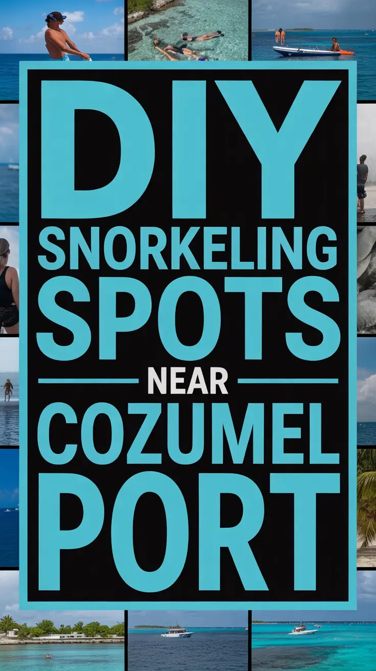 Bold white text reading "DIY Snorkeling Spots Near Cozumel Port" stands out on a dark box overlaid on a vibrant collage of realistic snorkeling and coastal images.