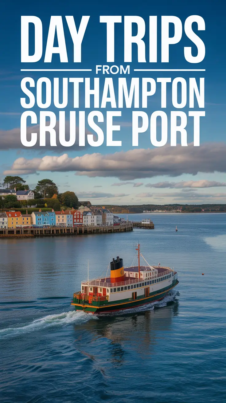 Scenic coastal view near Southampton Cruise Port featuring a colorful seaside town, vintage ferry, and warm afternoon light.