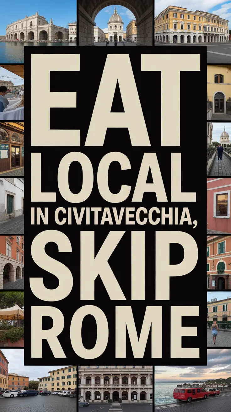 Bold white text reading “Eat Local in Civitavecchia, Skip Rome” stands out in a dark box over a vibrant collage of realistic local imagery.