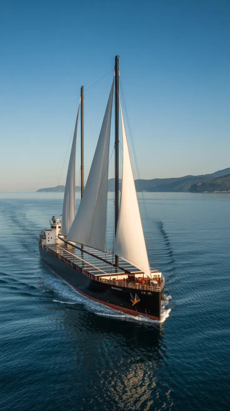 A sleek, modern freighter ship with gleaming white sails unfurled glides across a calm, deep blue ocean under a clear sky; solar panels line the deck, reflecting sunlight, while a distant green coastline hints at an eco-conscious journey toward a sustainable port.