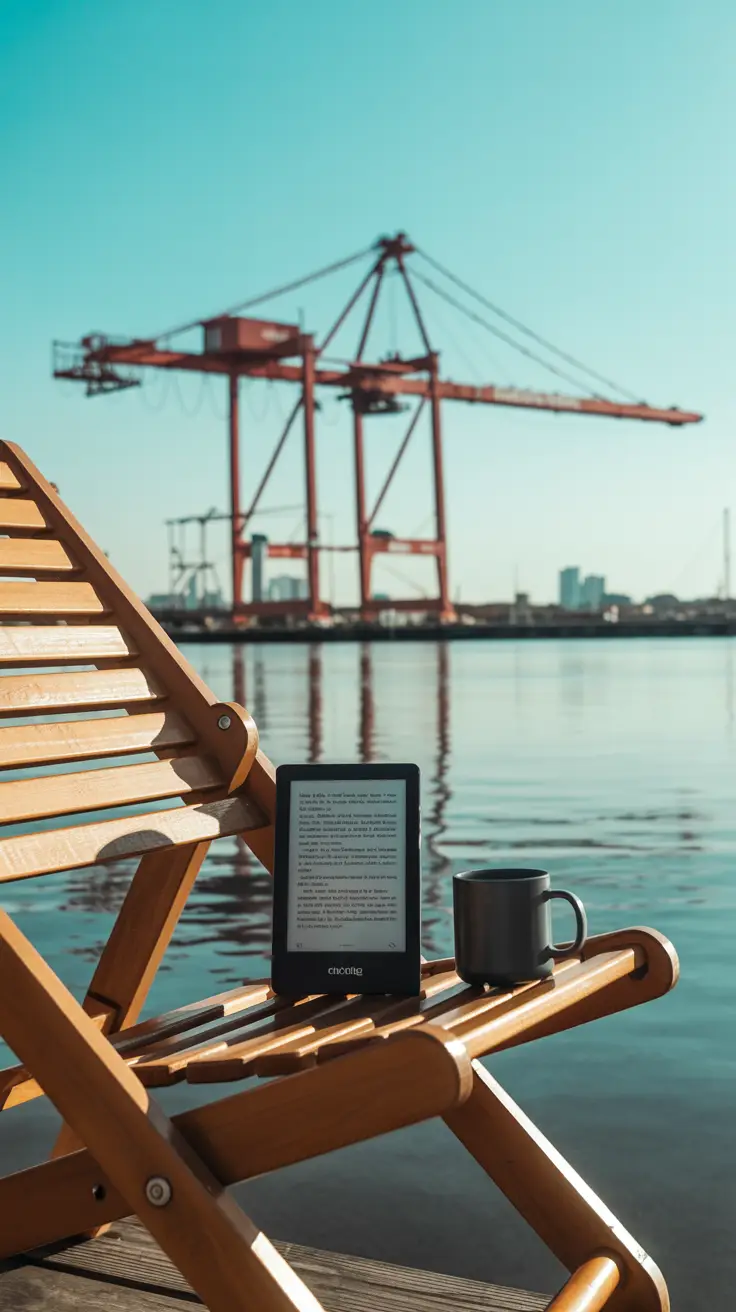 A hardcover book on a wooden deck chair beside an e-reader and coffee mug, with a towering cargo crane in the background.