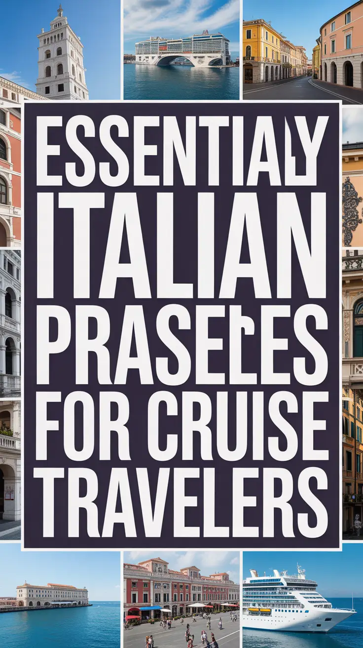 Essential Italian phrases for cruise travelers highlighted in bold white text over a dark box, surrounded by a vibrant collage of travel-themed images.