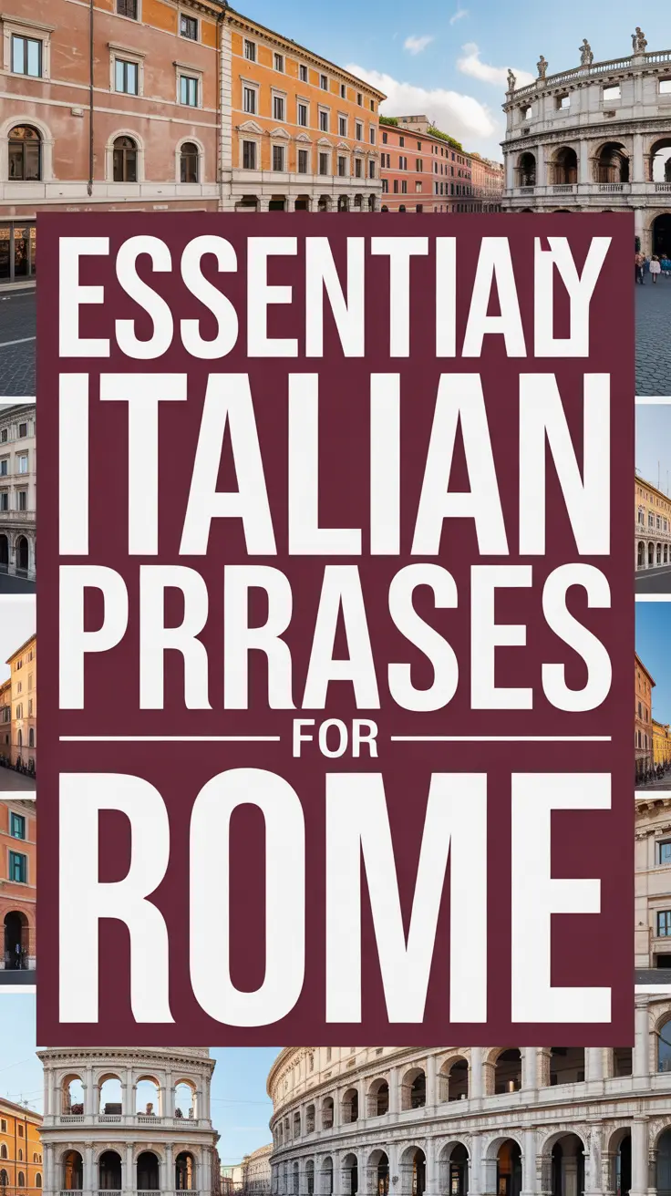 Bold white text reading "Essential Italian Phrases for Rome" over a dark box, surrounded by a vibrant collage of travel-themed images.