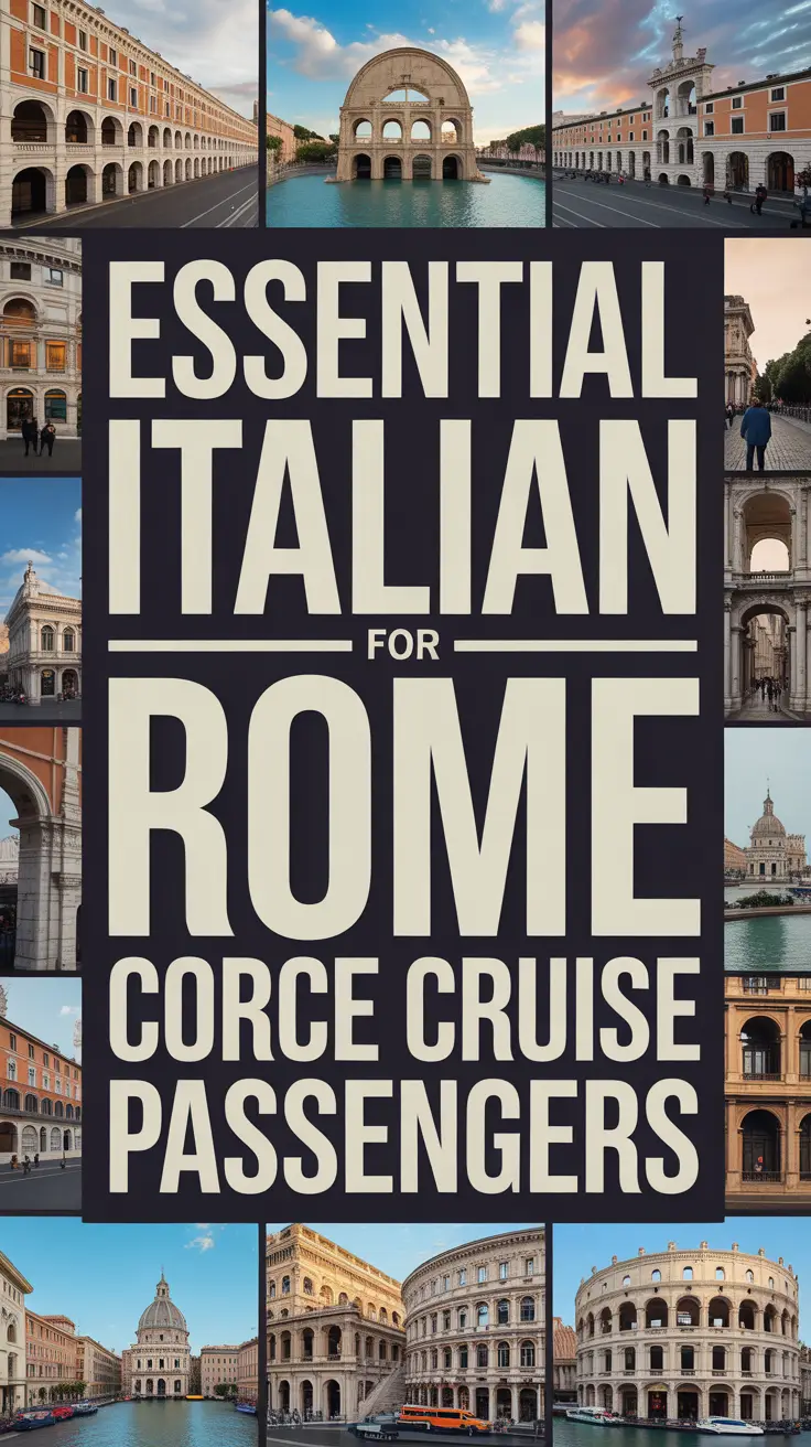 Essential Italian for Rome cruise passengers in bold white text on a dark box, surrounded by a vibrant collage of travel-themed images.