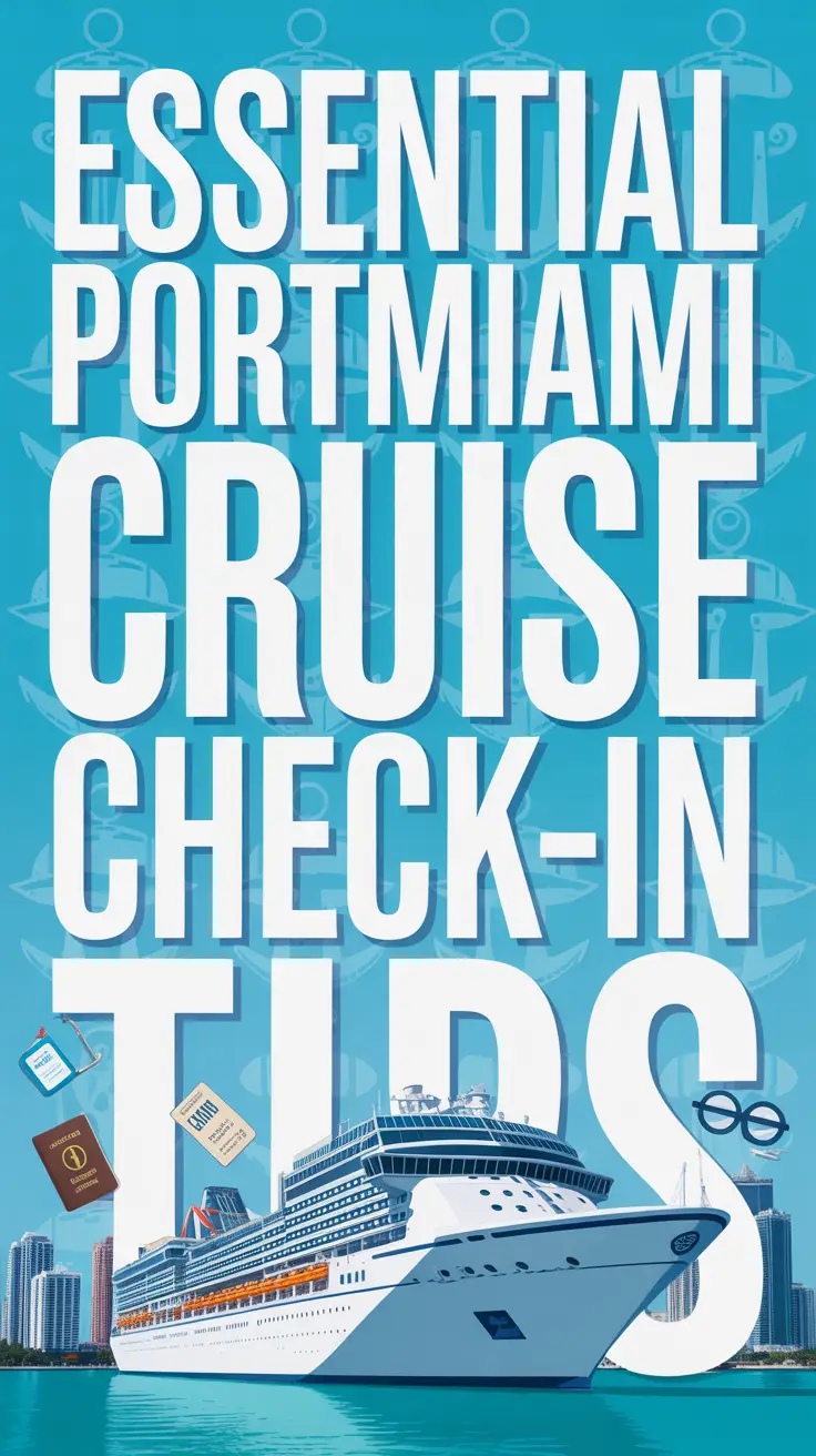 A vibrant informational poster in modern travel style showcasing essential PortMiami cruise check-in tips with bold text, a stylized cruise ship, Miami cityscape, and travel-themed icons on a turquoise background.