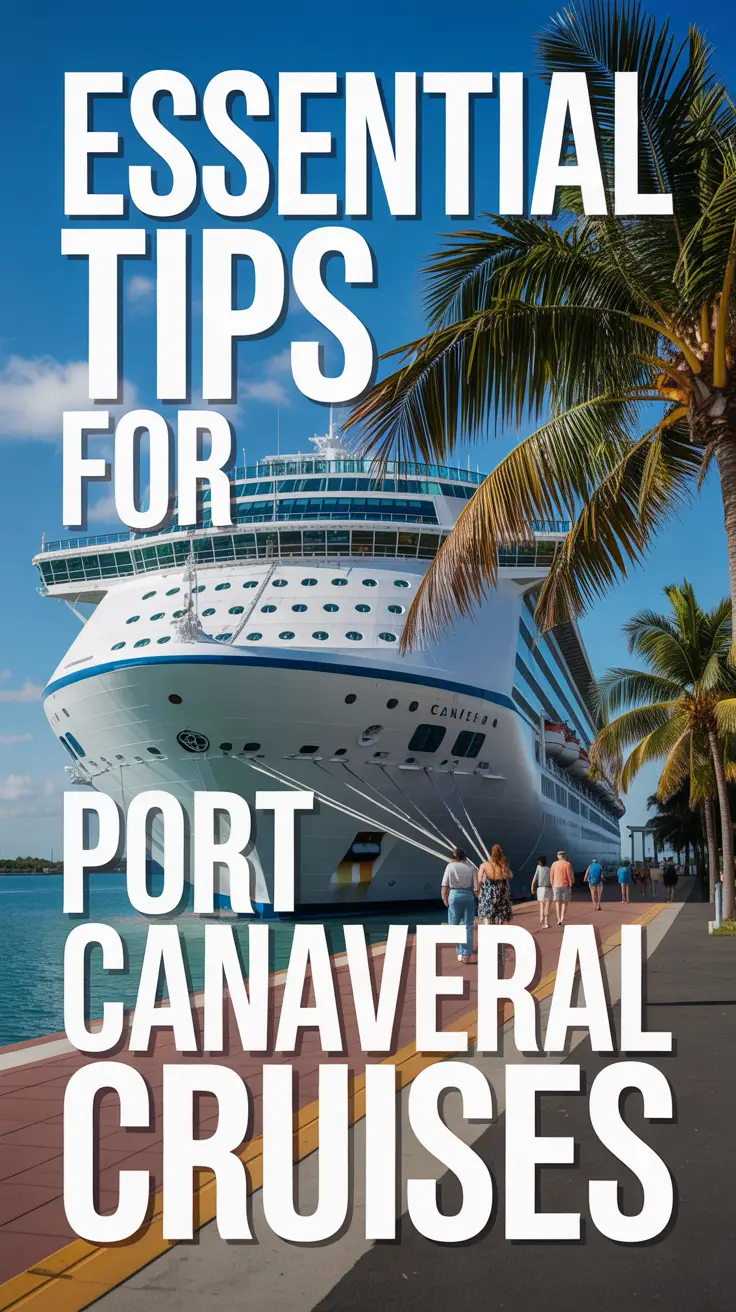 A luxury cruise ship docked at sunny Port Canaveral with passengers enjoying the view and palm trees swaying in the background.
