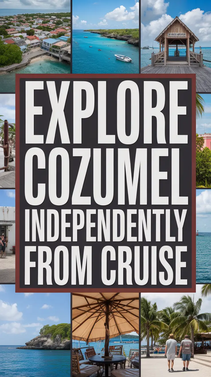 Bold white text in a dark box reads "Explore Cozumel Independently From Cruise," surrounded by a vibrant collage of realistic travel images.