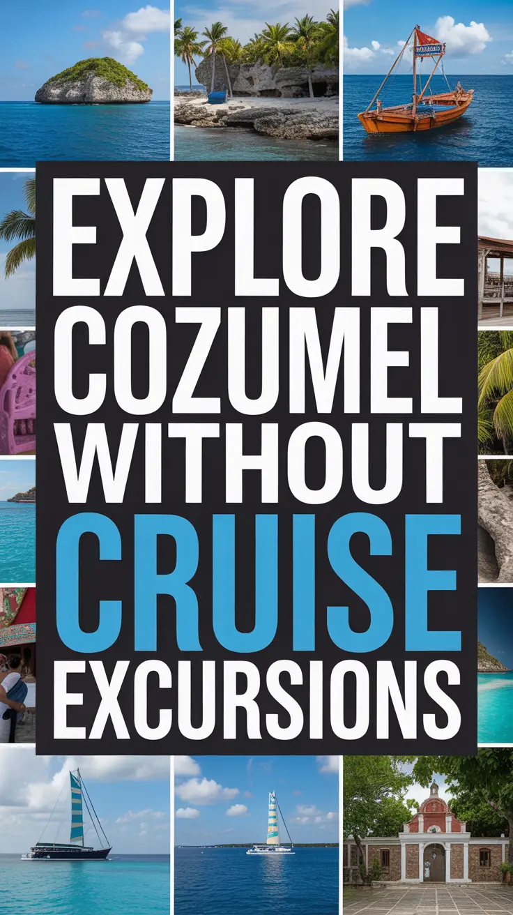 Bold white text in a dark box reads "Explore Cozumel Without Cruise Excursions," surrounded by a vibrant collage of realistic travel images.