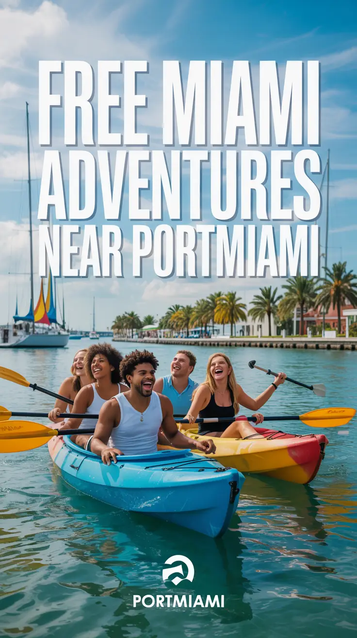 A diverse group of friends kayaks through turquoise waters near PortMiami, surrounded by colorful sailboats and palm trees under a sunny sky, capturing the vibrant energy and adventure of Miami.