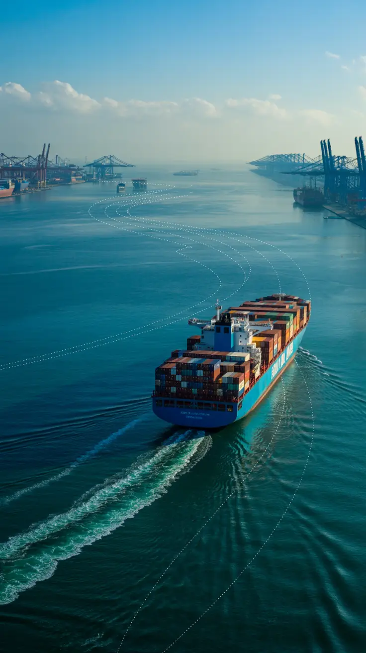 A high-angle view of a vast blue ocean with white dotted lines tracing major freighter travel routes, curving across the water like threads. A large cargo ship loaded with multicolored containers moves along one of the routes, leaving a soft wake behind. In the distance, faint outlines of renowned port cities—like Singapore or Rotterdam—anchor the path, bordered by industrial docks and towering cranes.