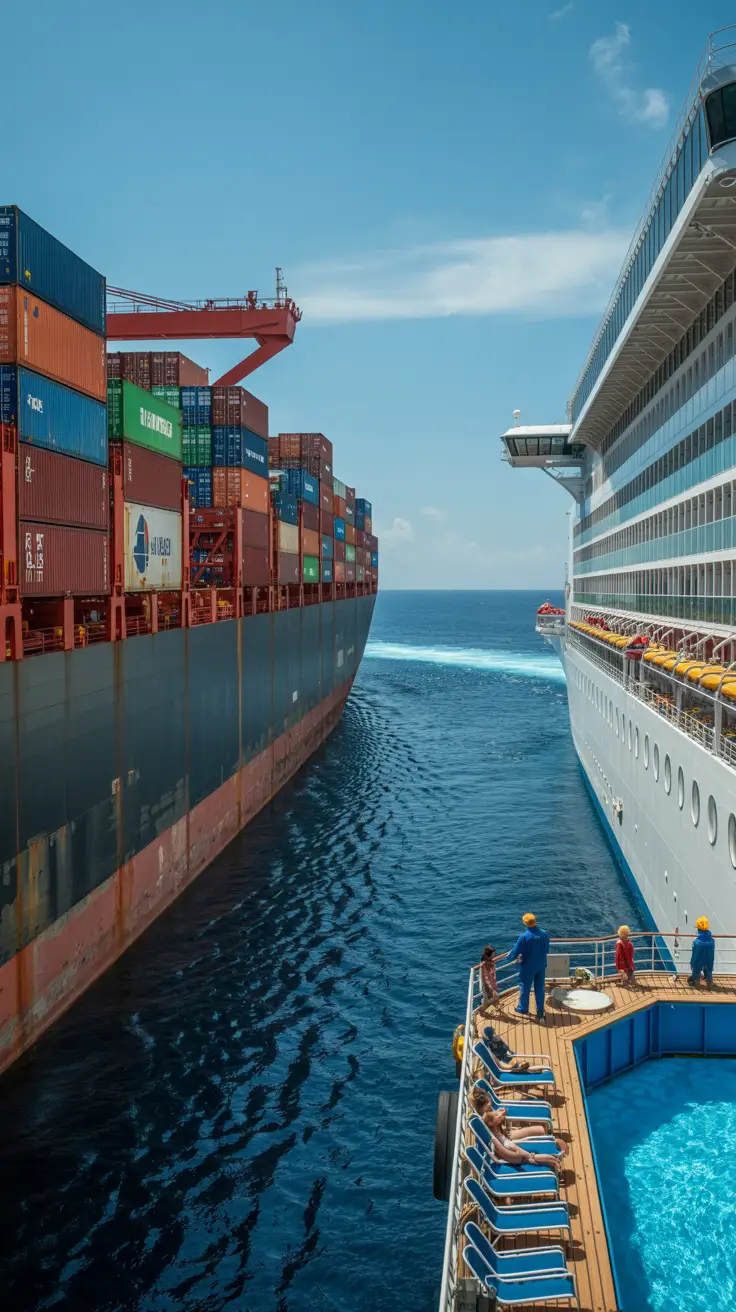 A vast ocean under a clear blue sky, featuring two ships: a large freighter on the left with colorful shipping containers and a rust-streaked hull, crew members in work overalls visible on deck; and a gleaming white cruise ship on the right, showcasing rows of balconies, a rooftop pool, and passengers relaxing in deck chairs.