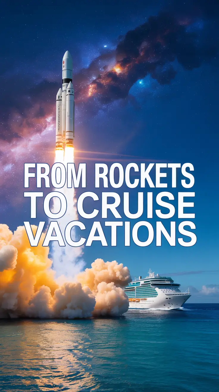 A rocket launches into space transitioning seamlessly into a luxury cruise ship sailing tropical waters, symbolizing diverse travel experiences.