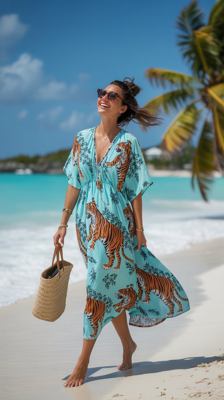 A vibrant, sun-drenched photograph captures a carefree woman on a pristine Caribbean beach, embodying a relaxed, bohemian style. She is wearing a flowing, turquoise maxi dress adorned with a bold tiger pattern, oversized sunglasses, and her dark hair is loosely tied up in a messy bun. Her bare feet sink slightly into the white sand as she carries a woven beach tote, her expression radiating a joyful, windswept ease. The turquoise ocean stretches out behind her under a clear blue sky, with gently swaying palm trees providing a blurred, tropical backdrop.