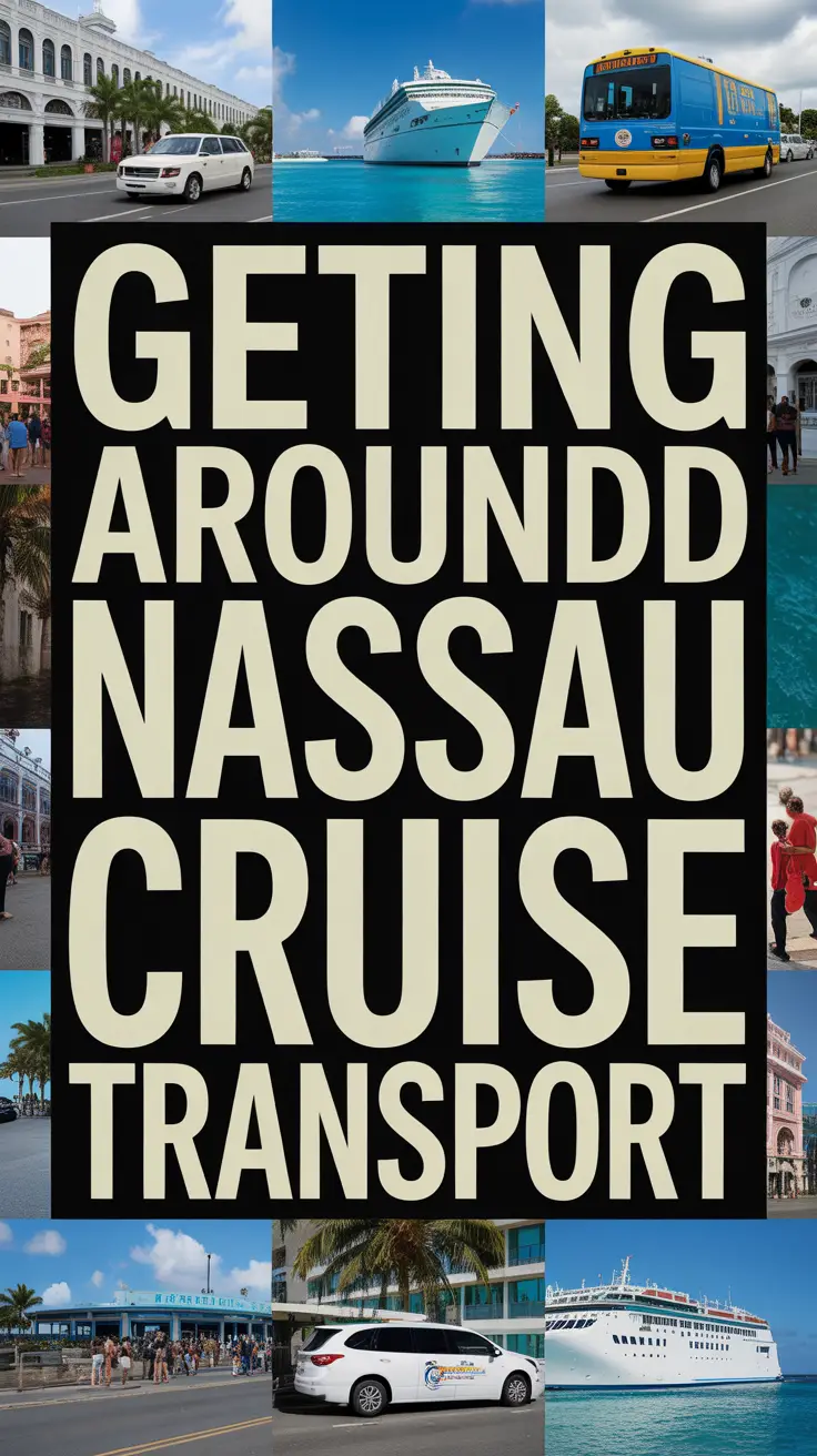 Bold white text reading "Getting Around Nassau Cruise Transport" in a dark box over a collage of vibrant travel images.