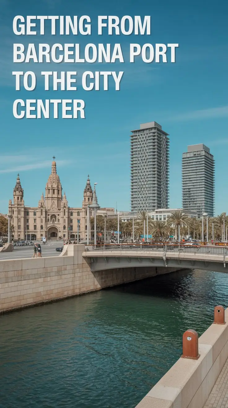 Text overlay aligned left: "Getting from Barcelona Port to the City Center". No other text. Bright sunny day.