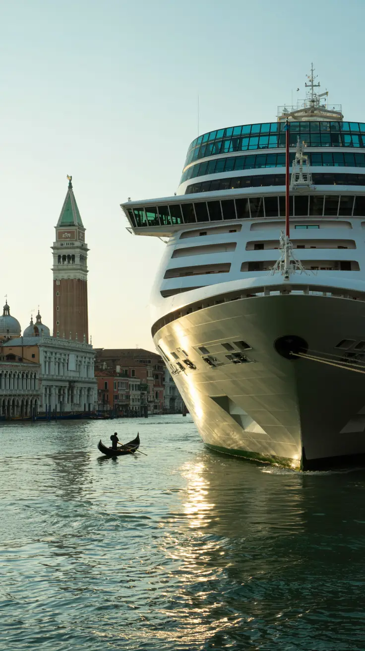A large white cruise ship docked at Venice Cruise Port with its sleek hull reflecting sunlight on green-blue rippling water; St. Mark’s Campanile rises in the distance above terracotta rooftops under a soft morning sky, while a gondolier rows a single gondola through the foreground canal.