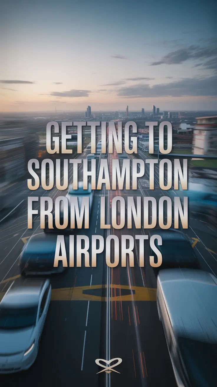 A sleek, minimalist advertisement showing a stylized map over a blurred aerial view from London airports to Southampton, with modern text and a muted travel-themed color palette.