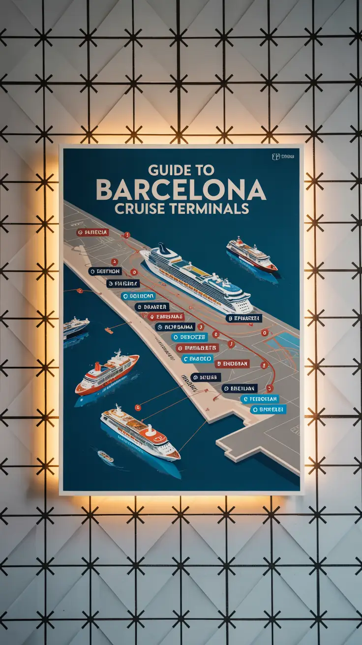 Infographic poster with a stylized map of Barcelona's harbor showing cruise terminals, ship routes, and Mediterranean tilework background in a vibrant, modern design.