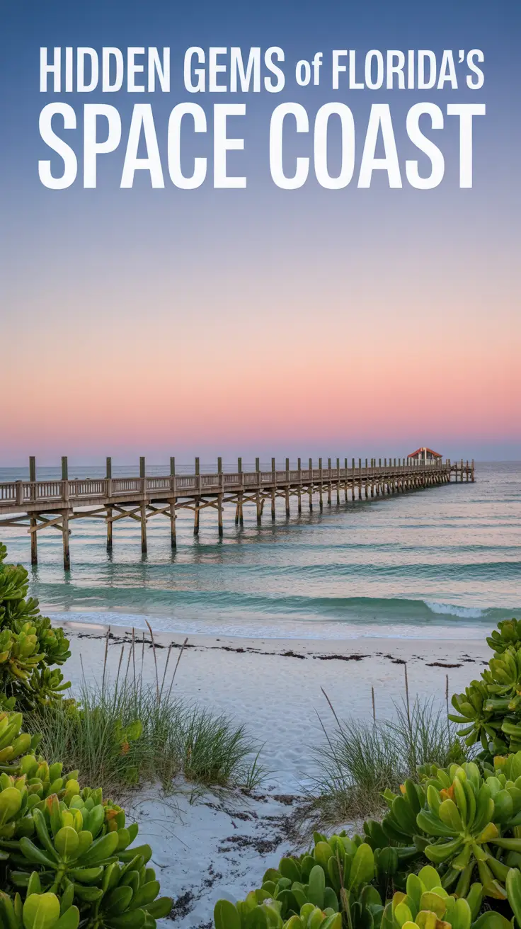 A vibrant travel poster of a secluded beach on Florida's Space Coast featuring turquoise water, white sand, a wooden pier, and a serene sunset sky.
