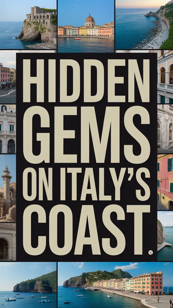 Bold white text reading "Hidden Gems on Italy's Coast" stands out in a dark box against a vibrant collage of scenic coastal images.