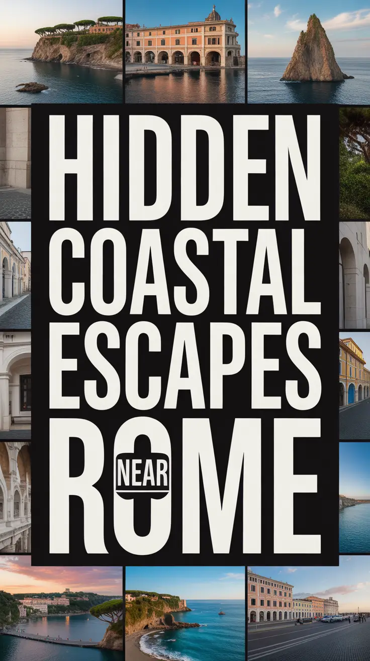 Hidden coastal escapes near Rome displayed in bold white text on a dark box, surrounded by a vibrant collage of realistic seaside imagery.