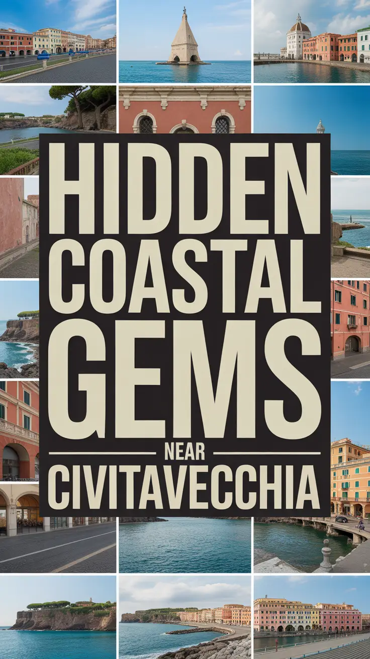 Bold white text reading "Hidden coastal gems near Civitavecchia" over a dark box, surrounded by a vibrant collage of coastal imagery in a realistic style.