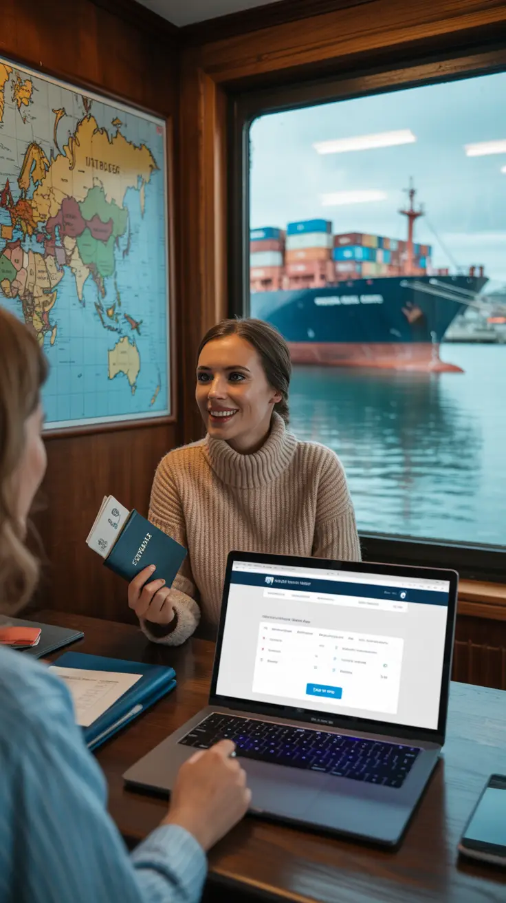 A cozy portside office with a large window overlooking a docked cargo ship; inside, a smiling travel agent gestures toward a wall map while a curious traveler listens, clutching a passport. In contrast, a laptop on the desk displays an open shipping company website with a “Book Now” button glowing brightly.