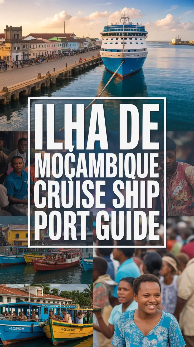 A travel guide poster showcasing "Ilha De Moçambique Cruise Ship Port Guide" in bold white letters enclosed within a rectangular box, immediately grabbing the viewer's attention. The box is centered against a backdrop of a bustling port scene featuring a large cruise ship docked alongside a historic stone quay. Surrounding the text box is a vibrant collage of images depicting colorful local boats, traditional Mozambican architecture, and smiling faces of locals engaged in daily life. Warm sunlight bathes the scene, creating a lively and welcoming atmosphere that reflects the vibrant culture of Ilha de Moçambique.