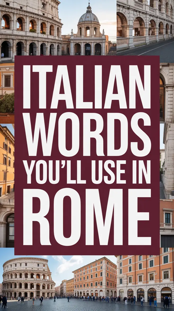 Bold white text reading "Italian Words You’ll Use in Rome" stands out in a dark box over a vibrant collage of realistic travel imagery.