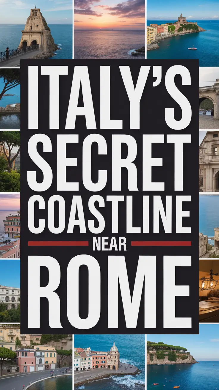A bold white text overlay on a dark box reads "Italy's Secret Coastline Near Rome," surrounded by a vibrant collage of realistic coastal images.