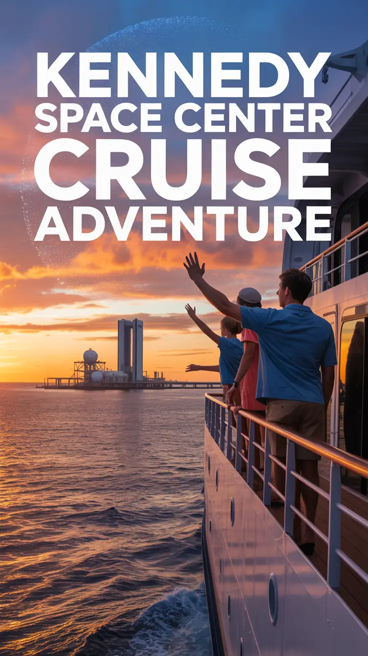 A family waves from a luxury cruise ship deck at sunset with the Vehicle Assembly Building in the background, evoking excitement and wonder for a Kennedy Space Center adventure.