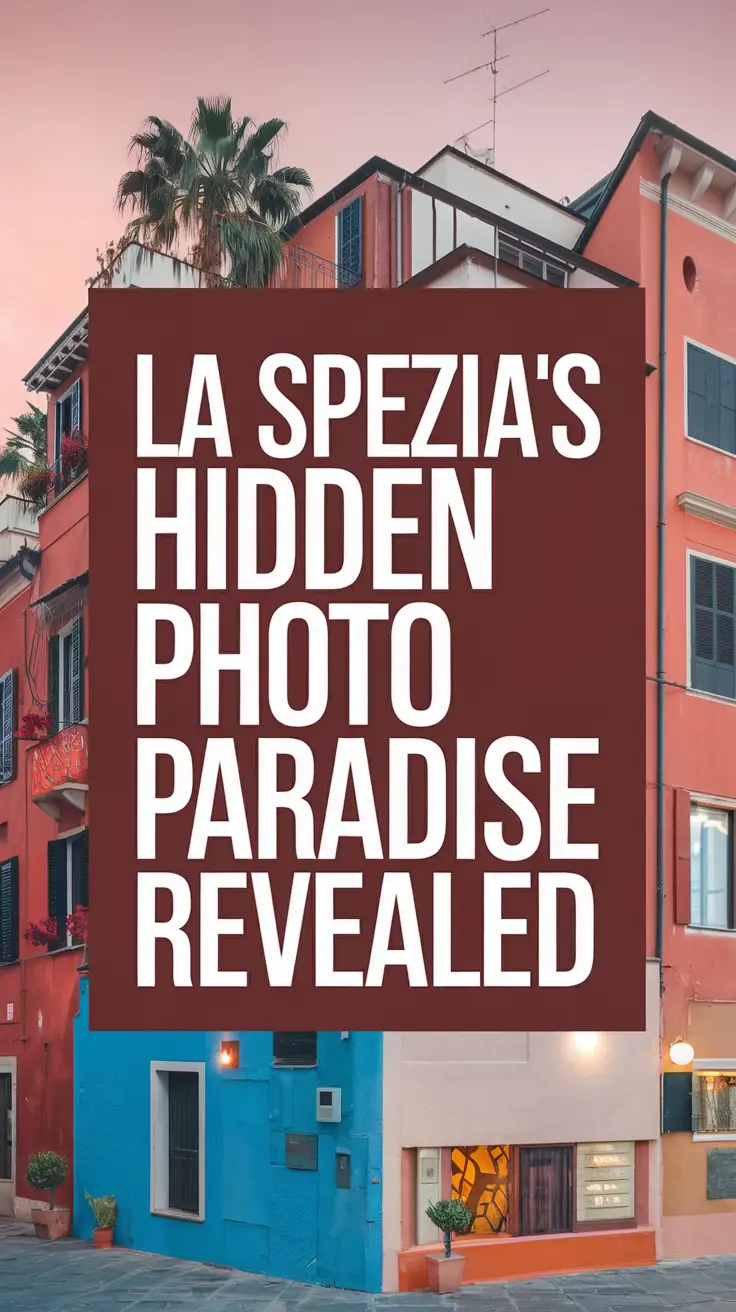 Big text overlay saying: La Spezia’s Hidden Photo Paradise Revealed. It's designed to immediately grab attention with its thick, distinctive lettering set prominently in a big dark colored box, utilizing a simple yet striking bold white color for the text. Surrounding this eye-catching typography, a collage of vibrant images.
