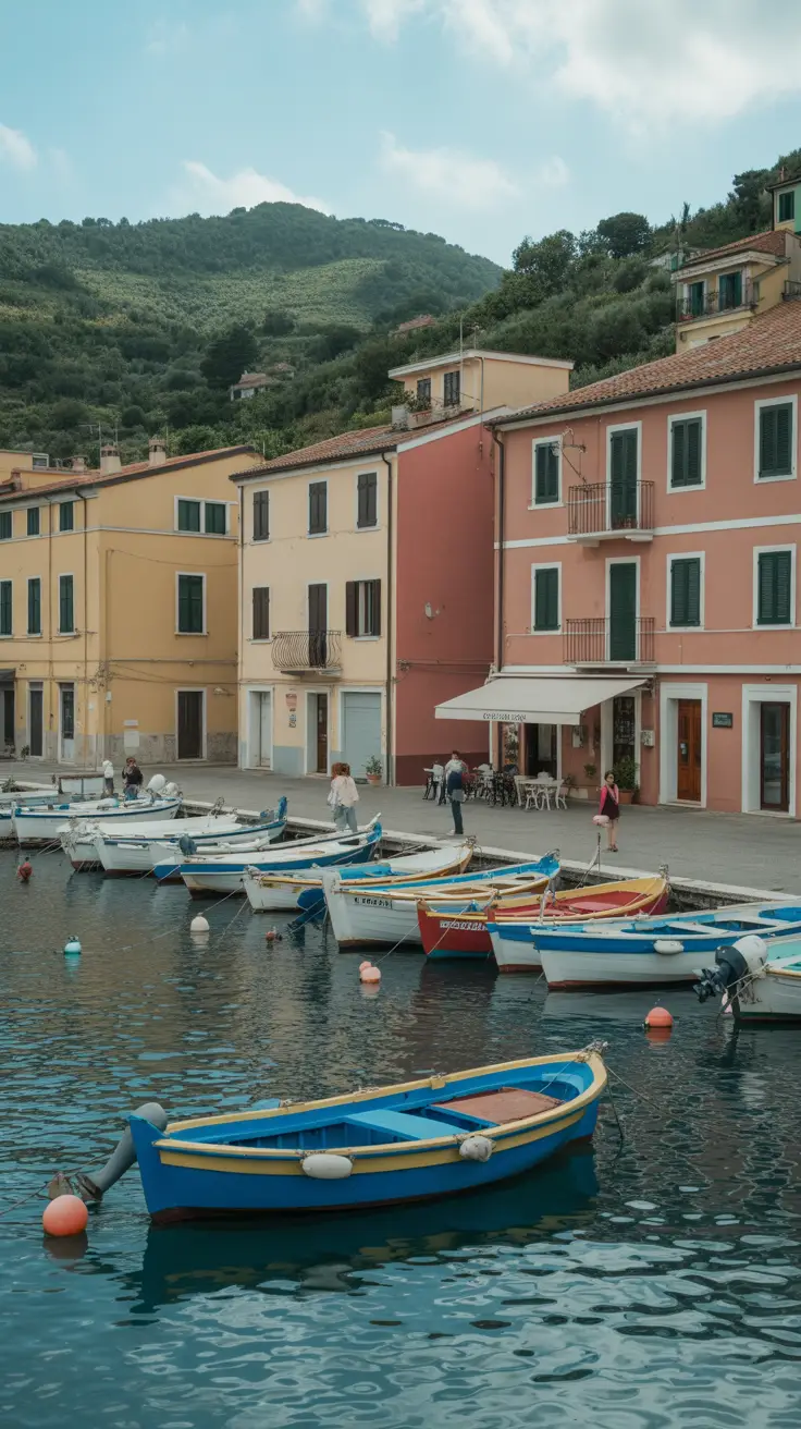 Skip Cinque Terre—Explore These Hidden Gems: Bold white text in thick, eye-catching typography sits in a large dark box, centered over a vibrant collage of realistic travel images showcasing lesser-known yet visually stunning destinations.