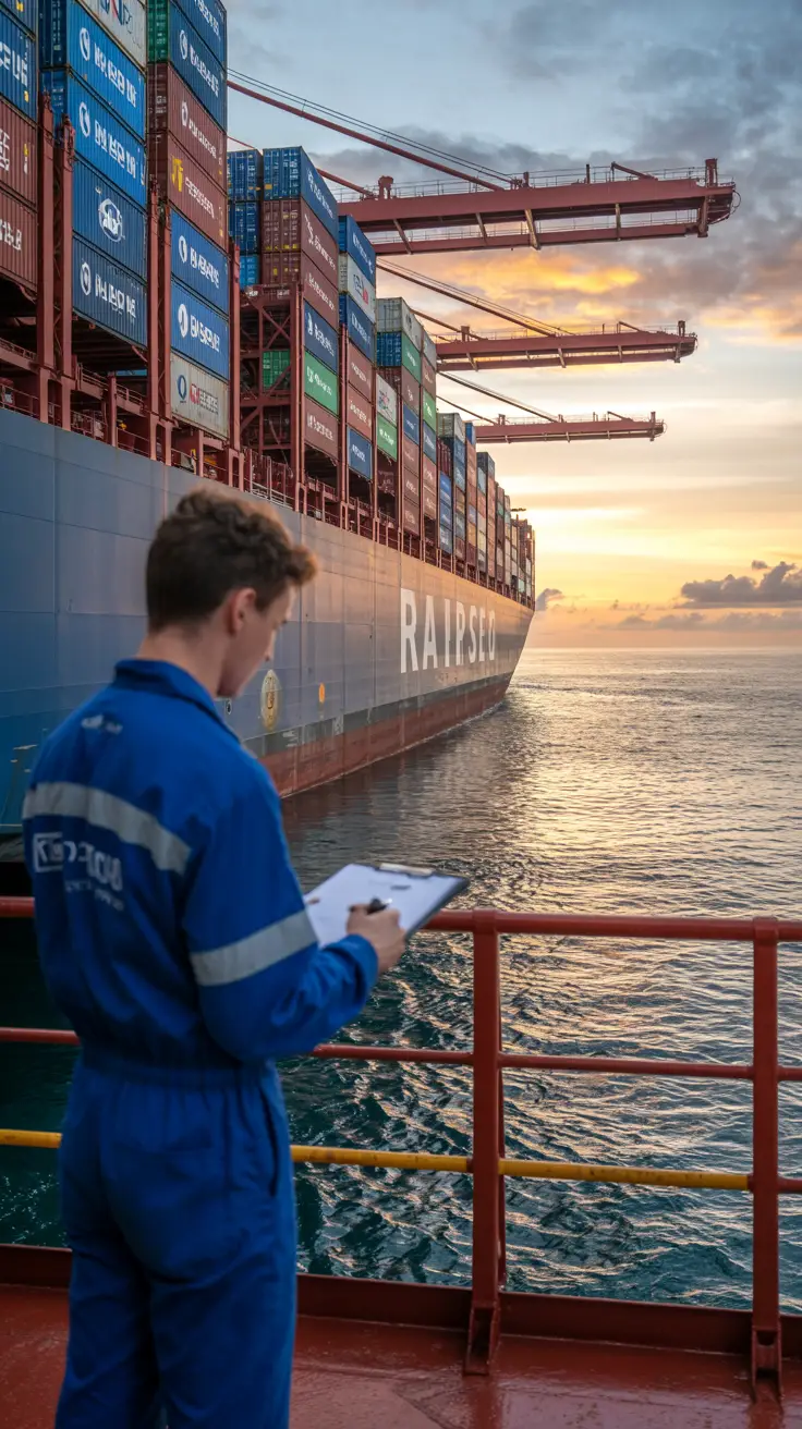 A crew member in a blue jumpsuit stands on the deck of a massive cargo ship at sunrise, checking a maintenance log on a clipboard; behind him, towering stacks of multicolored shipping containers line the deck in neat rows; in the distance, gentle waves sparkle under the golden morning light stretching to the horizon.