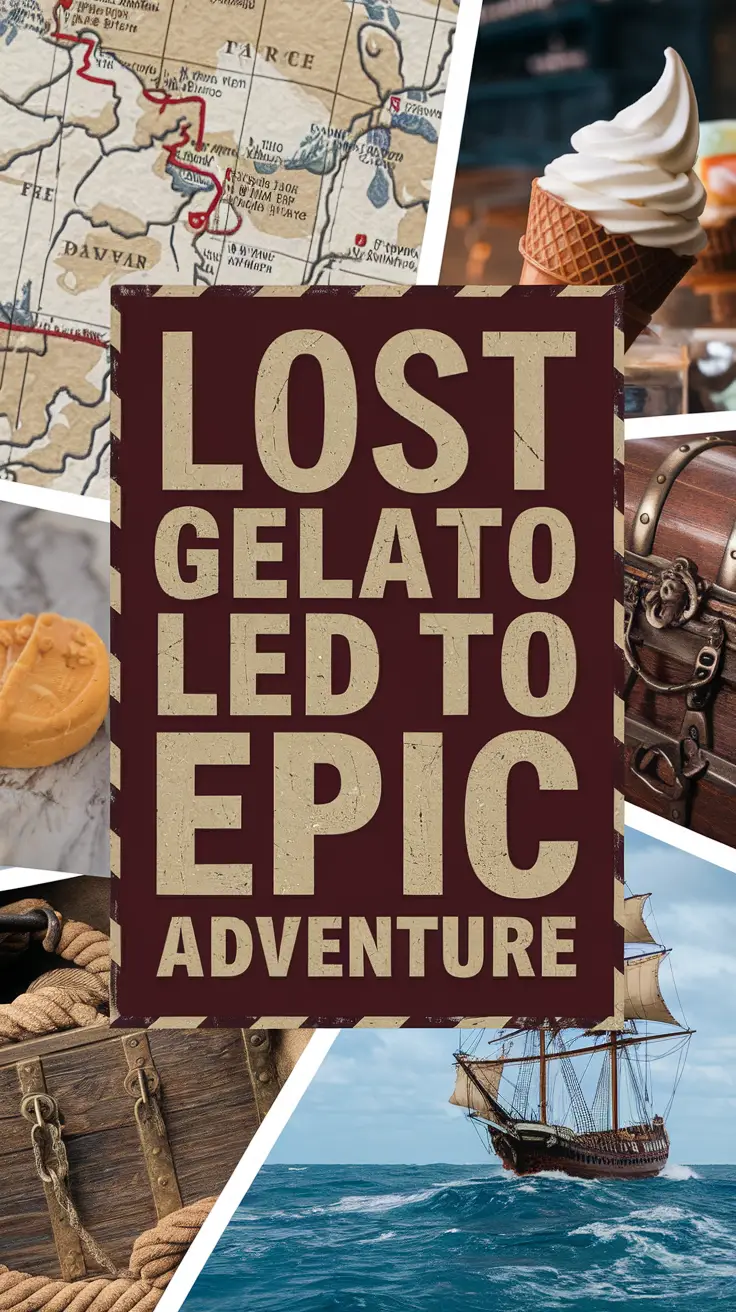 A photo of a collage of images surrounding the big text overlay that says "Lost Gelato Led to Epic Adventure". The collage includes a realistic map with a red-marked path, a gelato cone, a treasure chest, and a pirate ship navigating rough seas, all designed to immediately grab attention with bold, thick text set in a dark box.