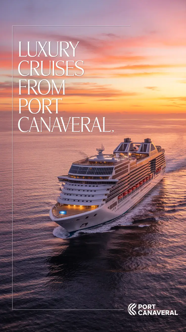 A sleek, modern cruise ship sails toward a vibrant sunset over calm ocean waters, highlighting luxurious amenities and an atmosphere of adventure and relaxation.
