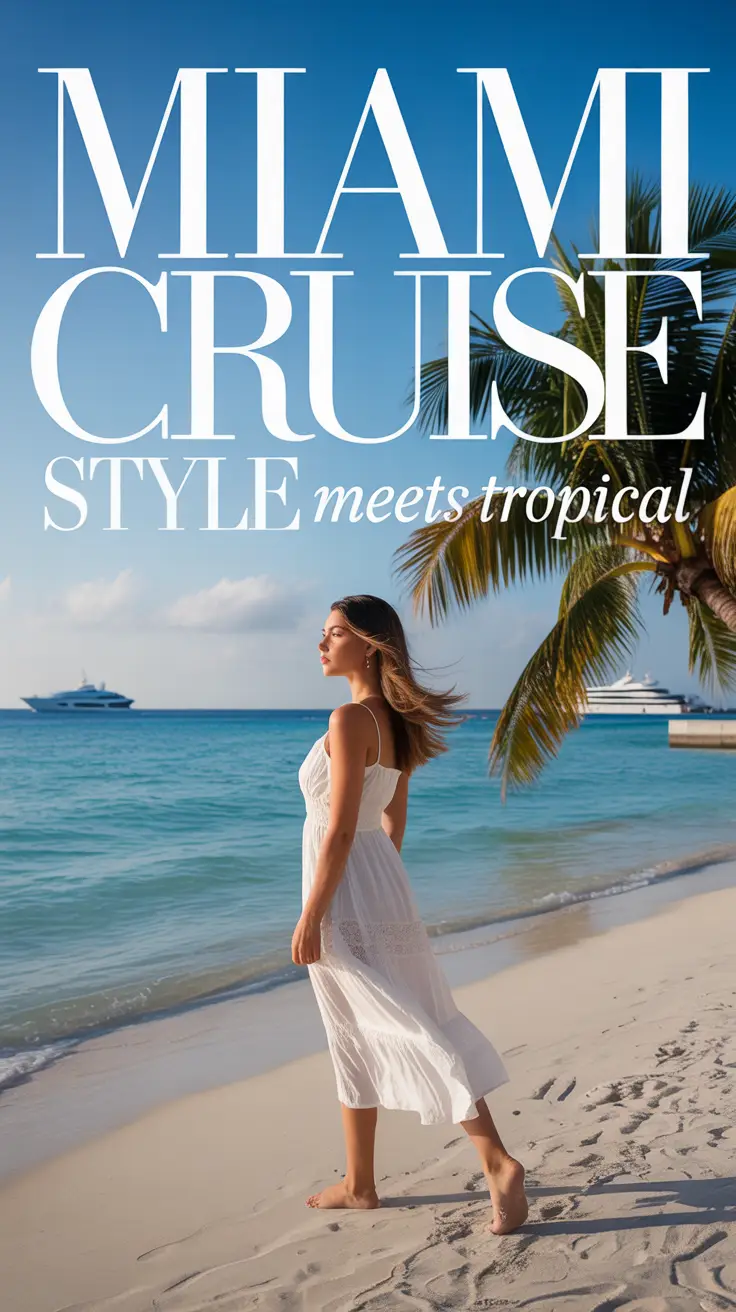 Elegant woman in white sundress stands on tropical beach with turquoise ocean and yacht in background, evoking luxury Miami cruise style.