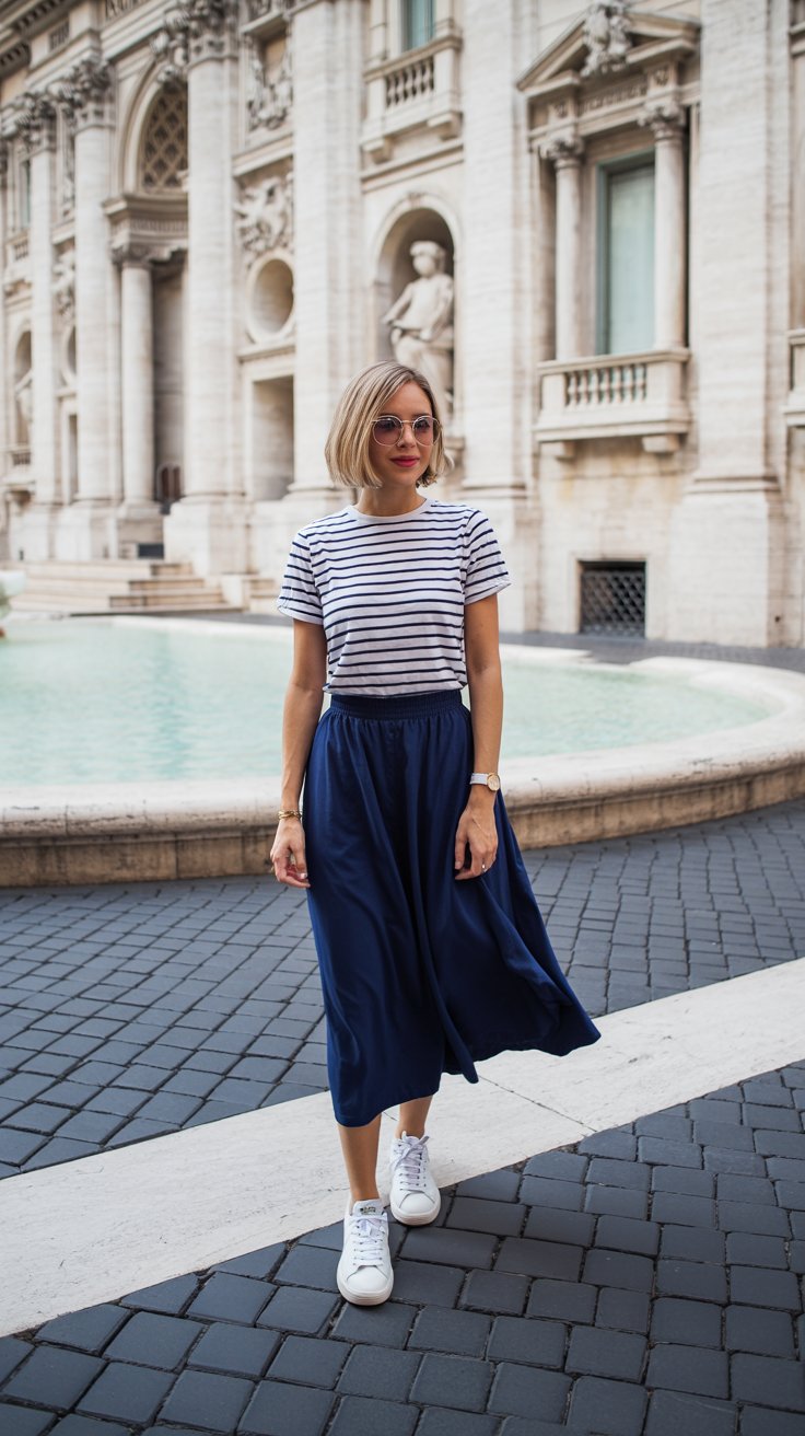 Midi Skirt + Breton Stripe Tee + White Sneakers - Rome Outfit